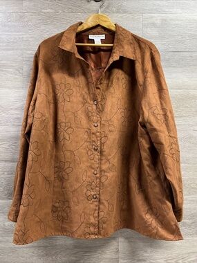 VTG SAG HARBOR Woman's 3X Brown Stitched Sueded Collar Shirt EUC